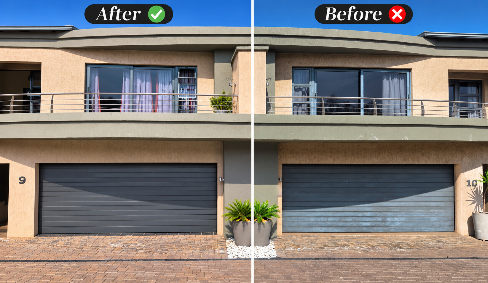 Before and after of an aluminium door and window frame restoration
