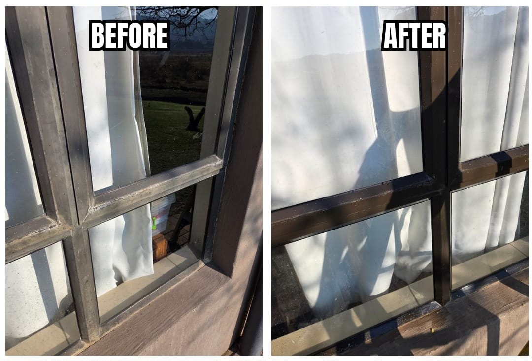 Before and after of an aluminium window frame restoration